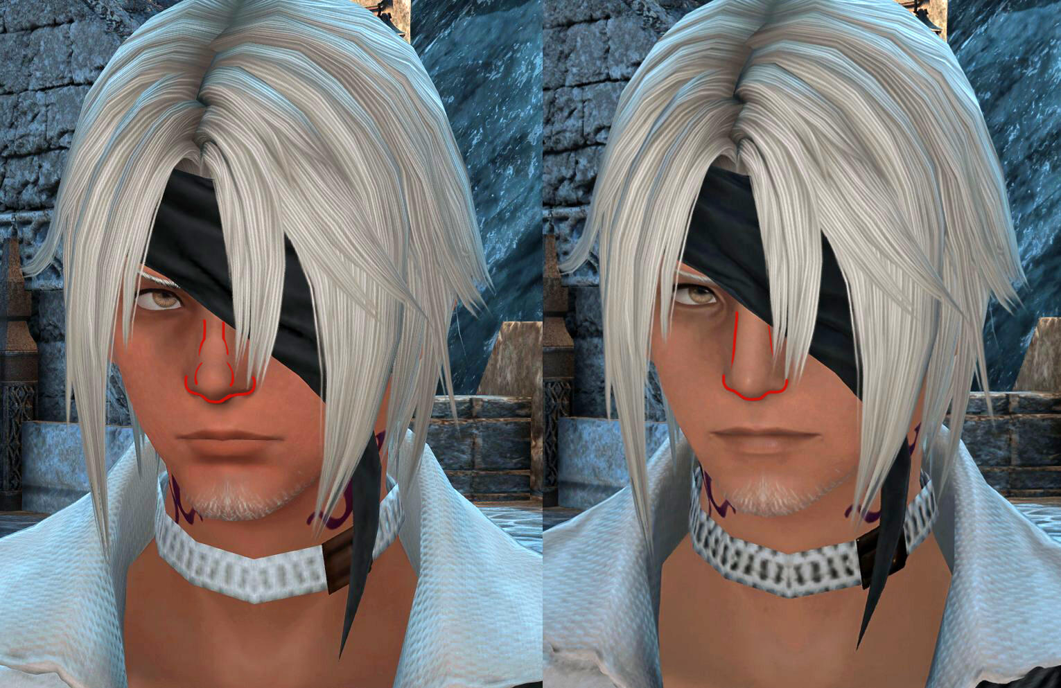 A comparison image showing Thancred in 6.55 and 7.0. The shape difference in the nose is highlighted.