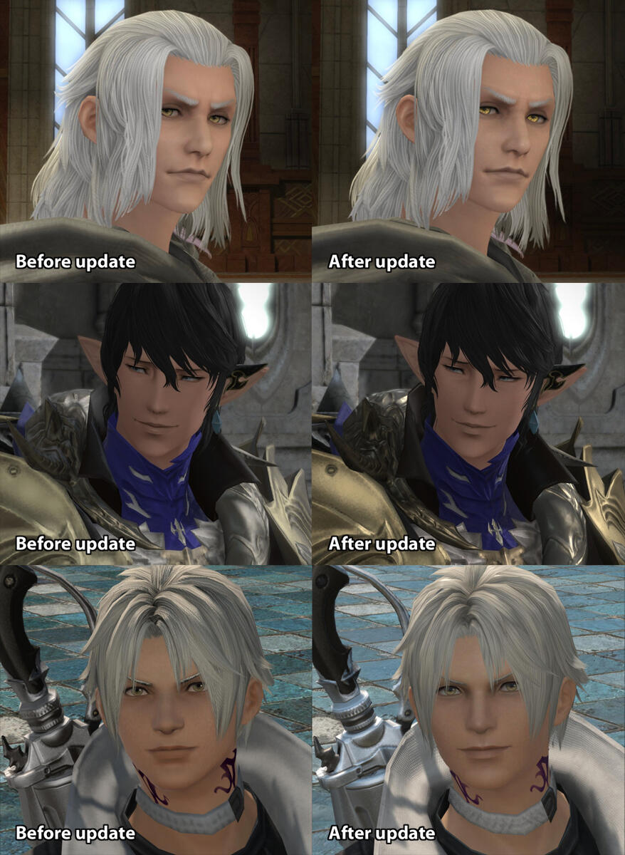 A comparison image showing Aymeric and Thancred before and after the graphical update.