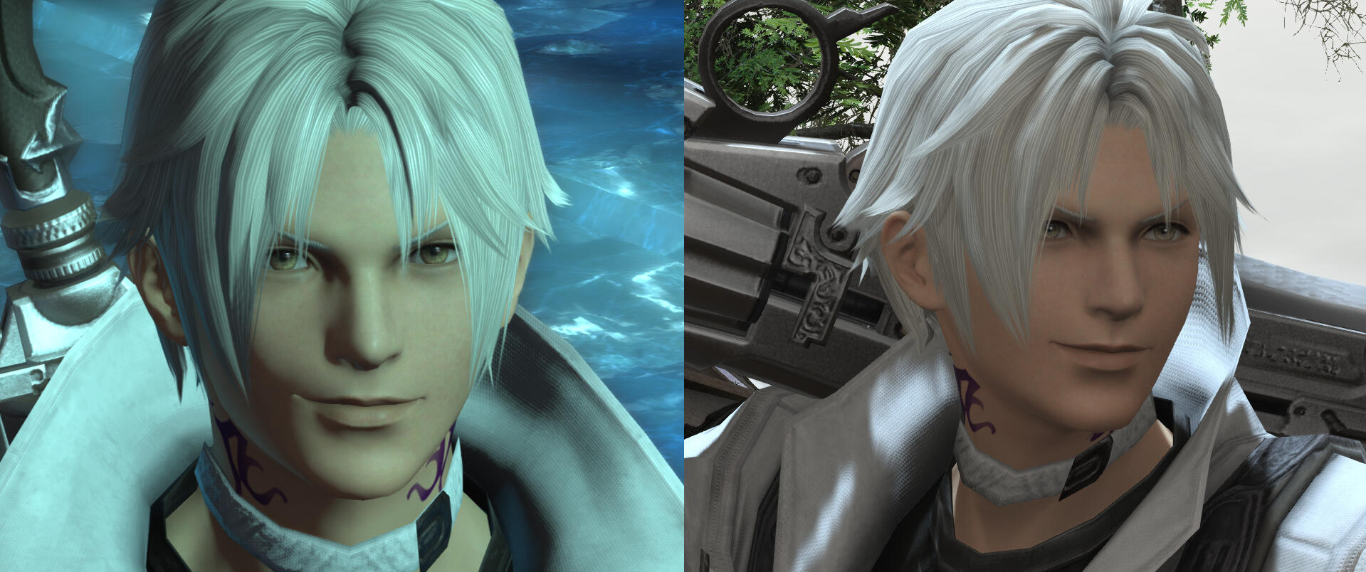 Images showing how Thancred's lips look unnaturally curled up when he smirks with the new model.